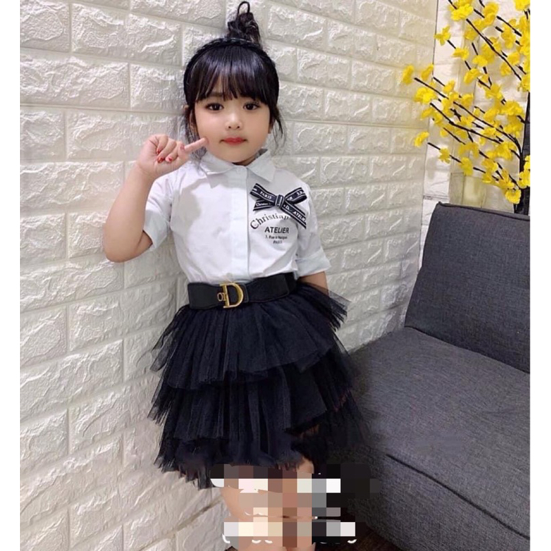 Set áo sơ mi phối chân váy ren tầng màu đen xinh cho bé gái