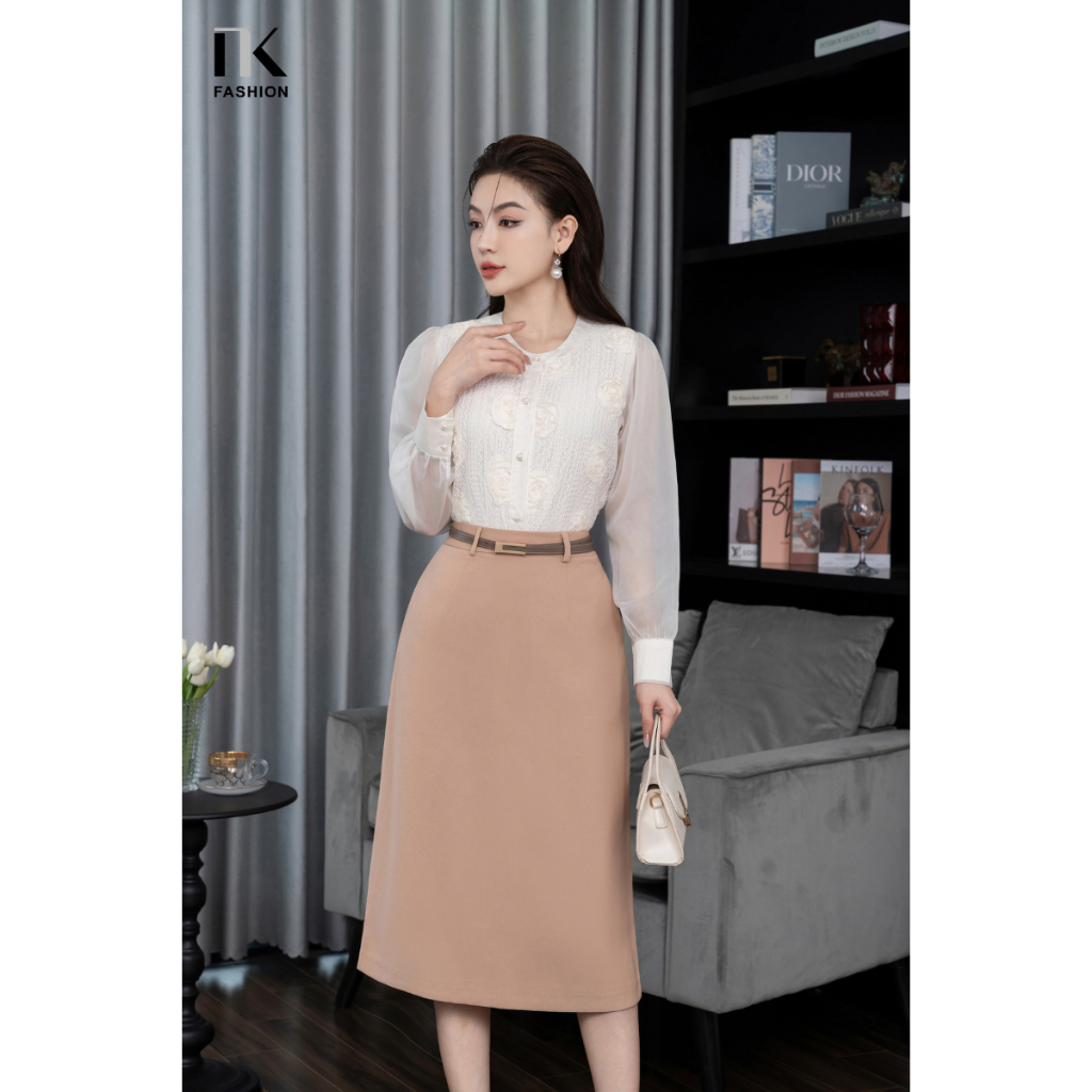 Áo Sơ Mi Ren Hoa 3D Phối Tay NKFSM2310007 NK FASHION Thời Trang Công Sở Nữ, Dài Tay Thanh Lịch Chất Vải Nhập Hàn Cao Cấp