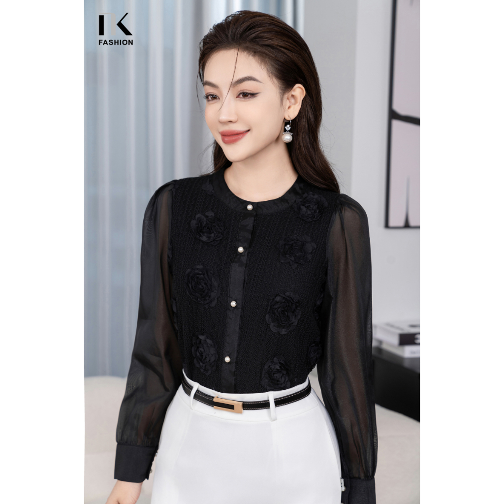 Áo Sơ Mi Ren Hoa 3D Phối Tay NKFSM2310007 NK FASHION Thời Trang Công Sở Nữ, Dài Tay Thanh Lịch Chất Vải Nhập Hàn Cao Cấp