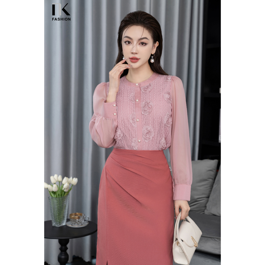 Áo Sơ Mi Ren Hoa 3D Phối Tay NKFSM2310007 NK FASHION Thời Trang Công Sở Nữ, Dài Tay Thanh Lịch Chất Vải Nhập Hàn Cao Cấp