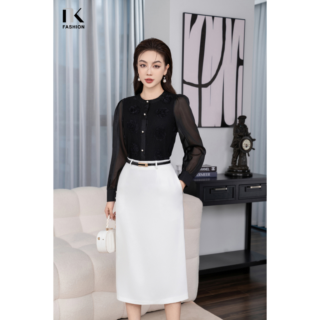 Áo Sơ Mi Ren Hoa 3D Phối Tay NKFSM2310007 NK FASHION Thời Trang Công Sở Nữ, Dài Tay Thanh Lịch Chất Vải Nhập Hàn Cao Cấp