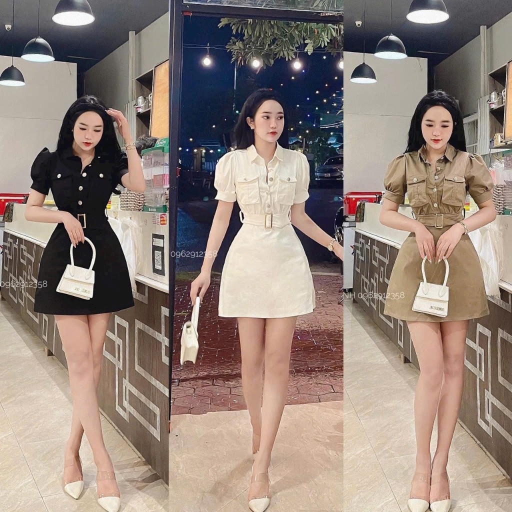 Thời Trang Nữ, Đầm Kaki Nữ Túi Hộp Cổ Somi Tay Bồng Kèm Đai Màu Xinh Thu Hút Mọi Ánh Nhìn Đi Tiệc Đi Chơi Đều Được