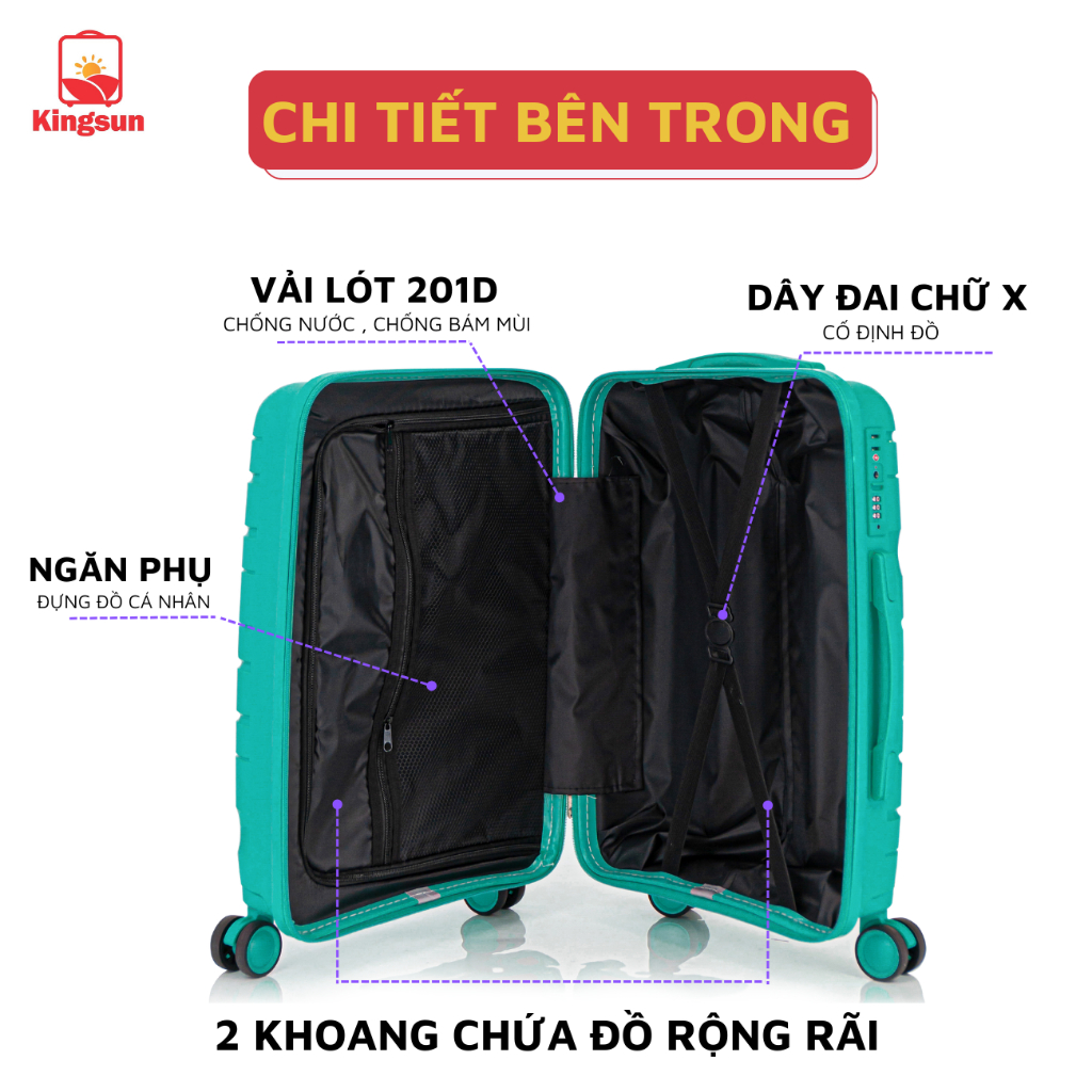 Vali Du Lịch Nhựa PP01 Cao Cấp Kingsun Vali Kéo Chống Va Đập Size 20/24, Bảo Hành 5 Năm