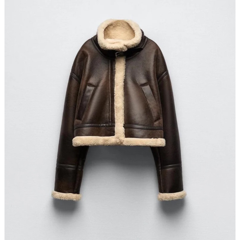 Áo khoác da nâu lông cừu