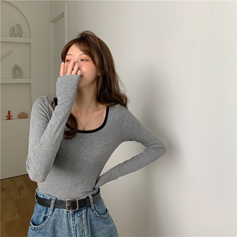 Áo thun dài tay viền cổ tròn NANASHOP, áo croptop dáng ngắn ôm người tôn dáng sexy khoe dáng hottrend ulzzang