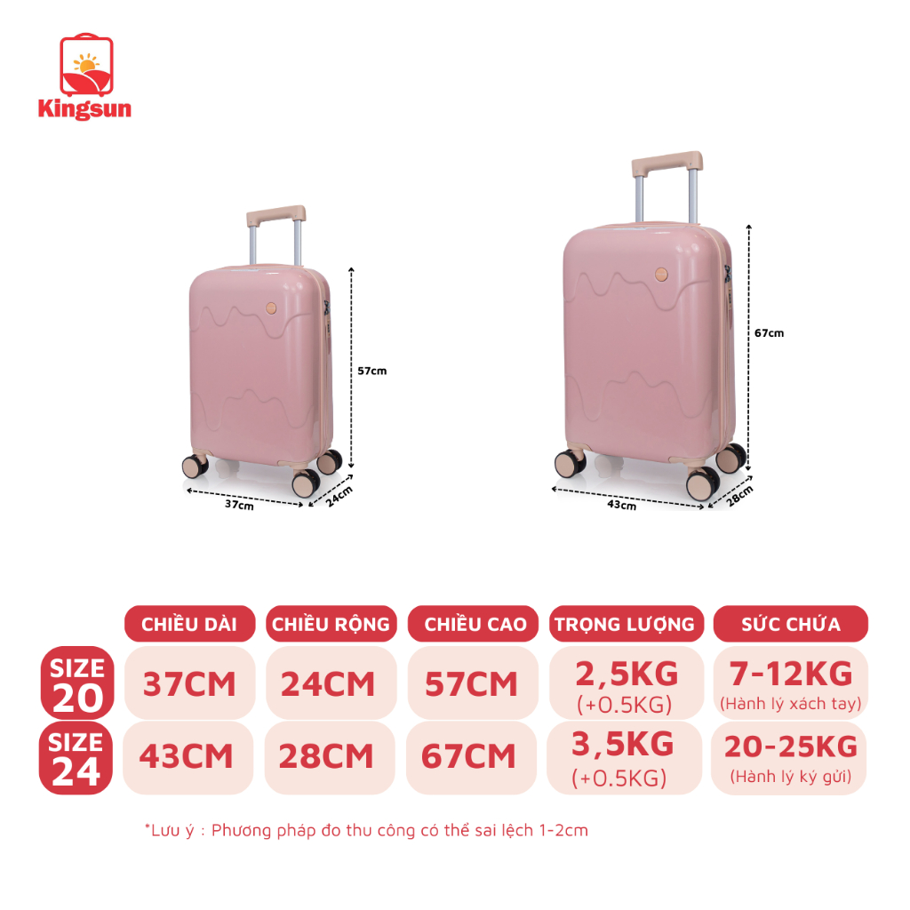 Vali kéo nhựa Kingsun Vali du lịch cao cấp size 20/24 ich kiểu dáng que kem hottrend 2023 bảo hành 5 năm