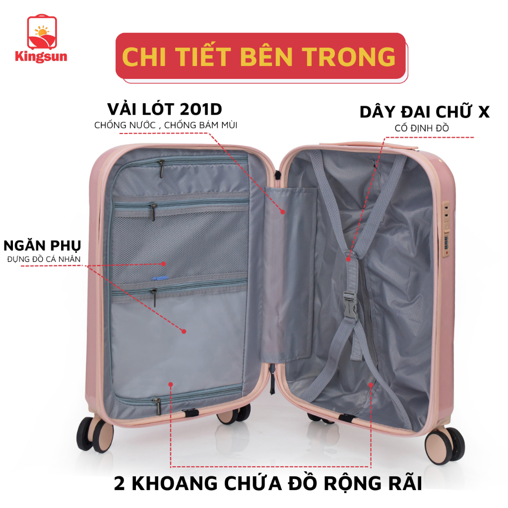 Vali kéo nhựa Kingsun Vali du lịch cao cấp size 20/24 ich kiểu dáng que kem hottrend 2023 bảo hành 5 năm