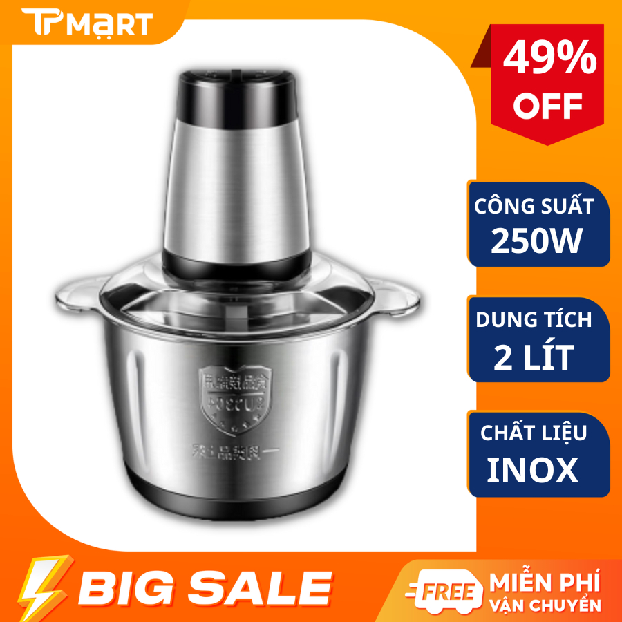 Máy xay đa năng cối inox 304, 4 lưỡi kép, công suất 250W, Máy xay thịt đa năng dung tích 2L