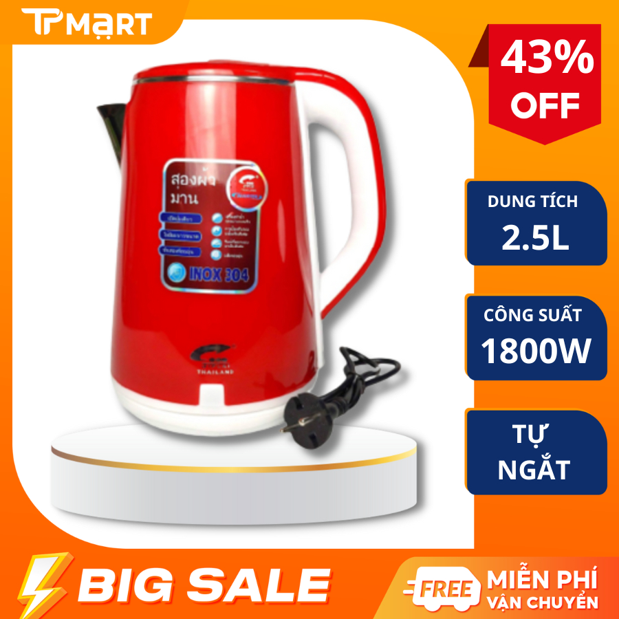 Ấm đun nước siêu tốc Thái Lan công suất 1800W tự ngắt, Ấm siêu tốc dung tích 2.5L