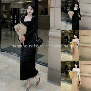 Váy body dáng dài kèm áo khoác cardigan nữ đi chơi dự tiệc Nahouse set đầm 2 dây nữ tôn dáng thiết kế đẹp xin xịn sang