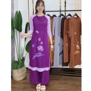 Set bộ áo dài 4 tà thêu sen cao cấp đồ lam đi chùa nhiều màu