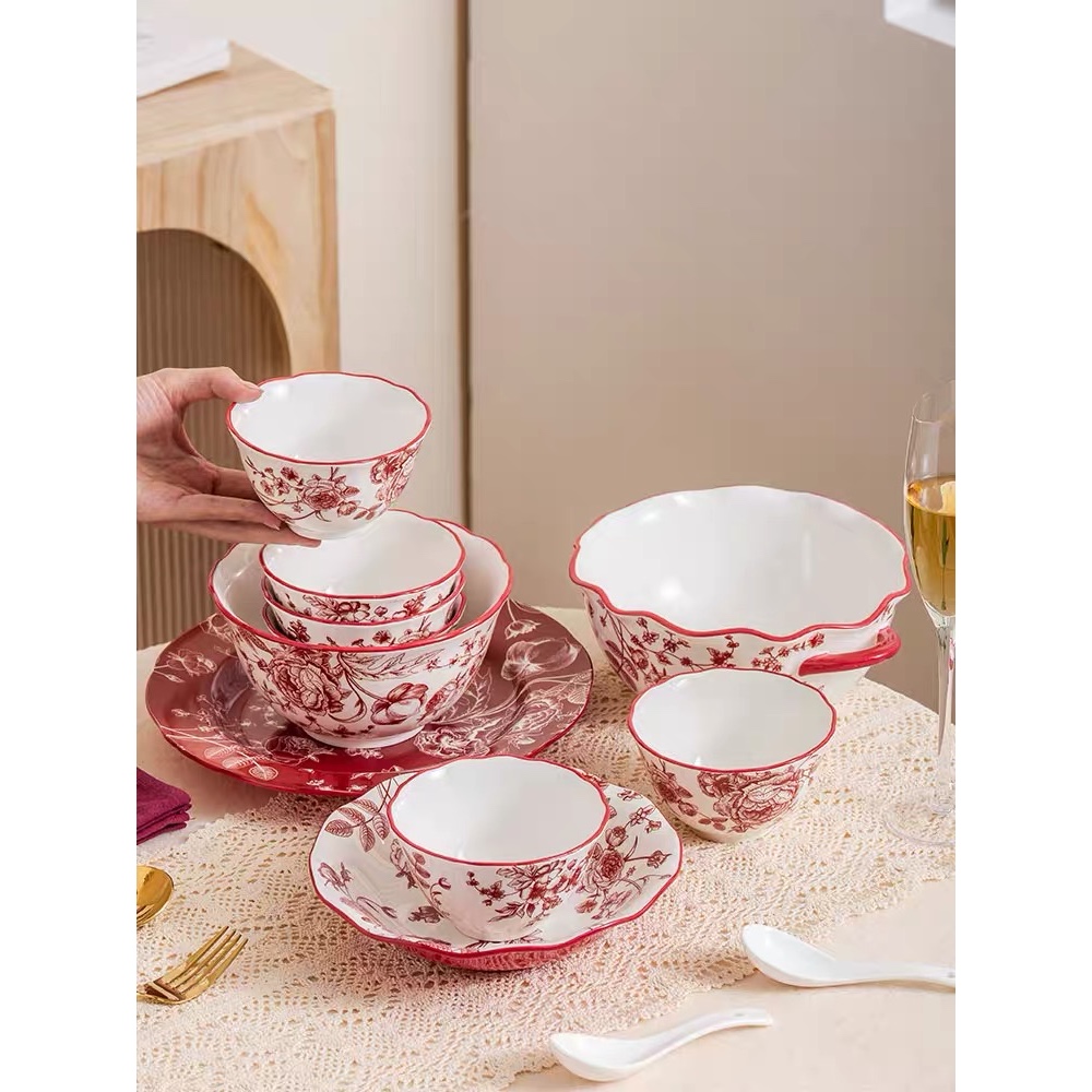 Bộ bát đĩa, bộ chén dĩa, bộ bàn ăn, bộ bát đĩa sứ hoa đỏ cổ điển sang trọng, chén đĩa sứ, bát đĩa sứ, bộ bàn ăn sứ