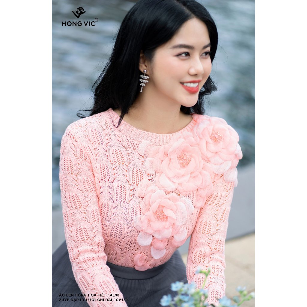 Áo len nữ thiết kế Hong Vic hồng hoạ tiết AL30