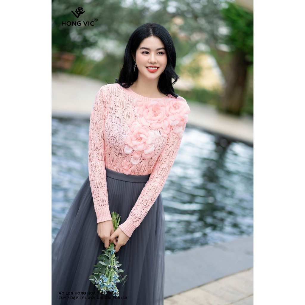Áo len nữ thiết kế Hong Vic hồng hoạ tiết AL30