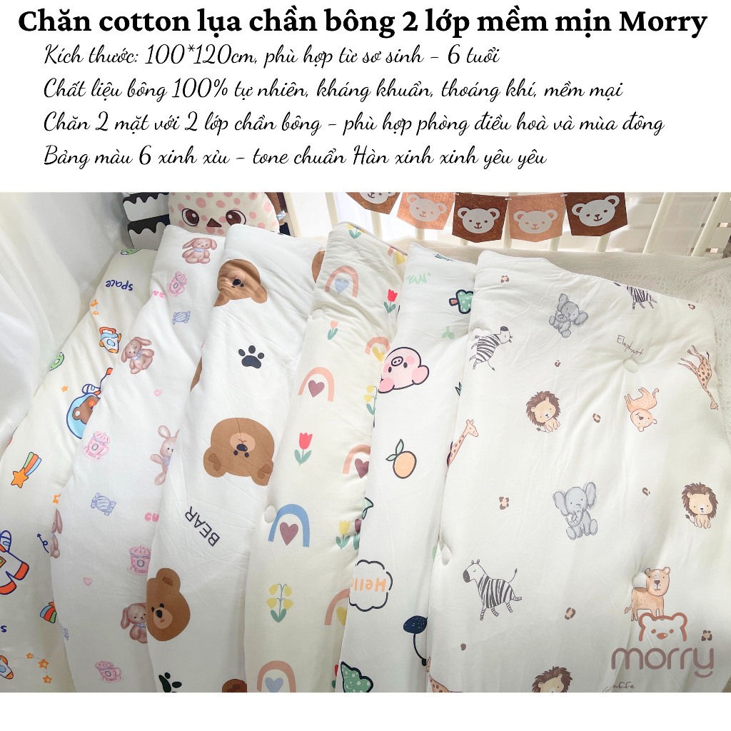 Chăn Cotton Lụa Chần Bông Siêu Nhẹ Morry Cao Cấp Mềm Mại, Họa Tiết Đáng Yêu Cho Bé 1m*1m2