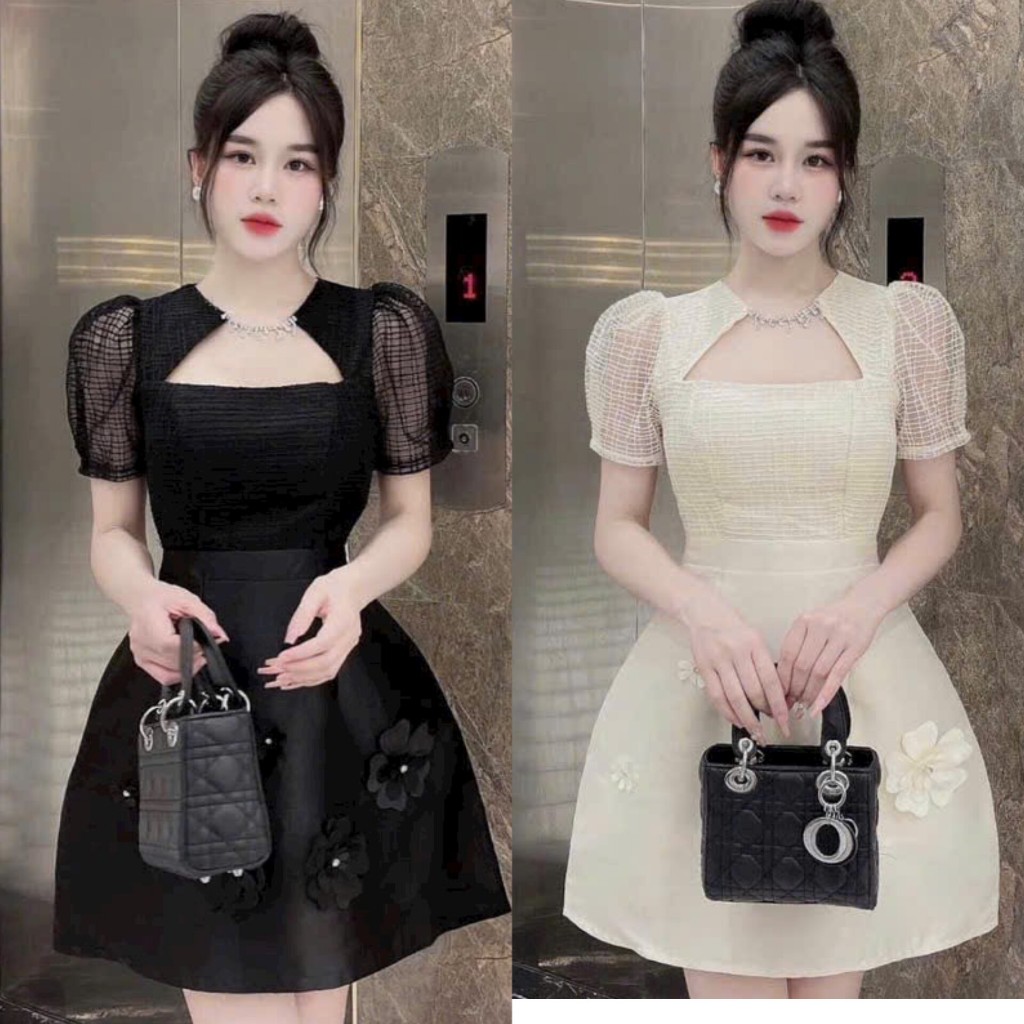 Đầm Tapta Phối Vải Vân Mây Kết Cườm Đá Đính Bông Sang Trọng Dự Tiệc Tôn Dáng Tôn Da