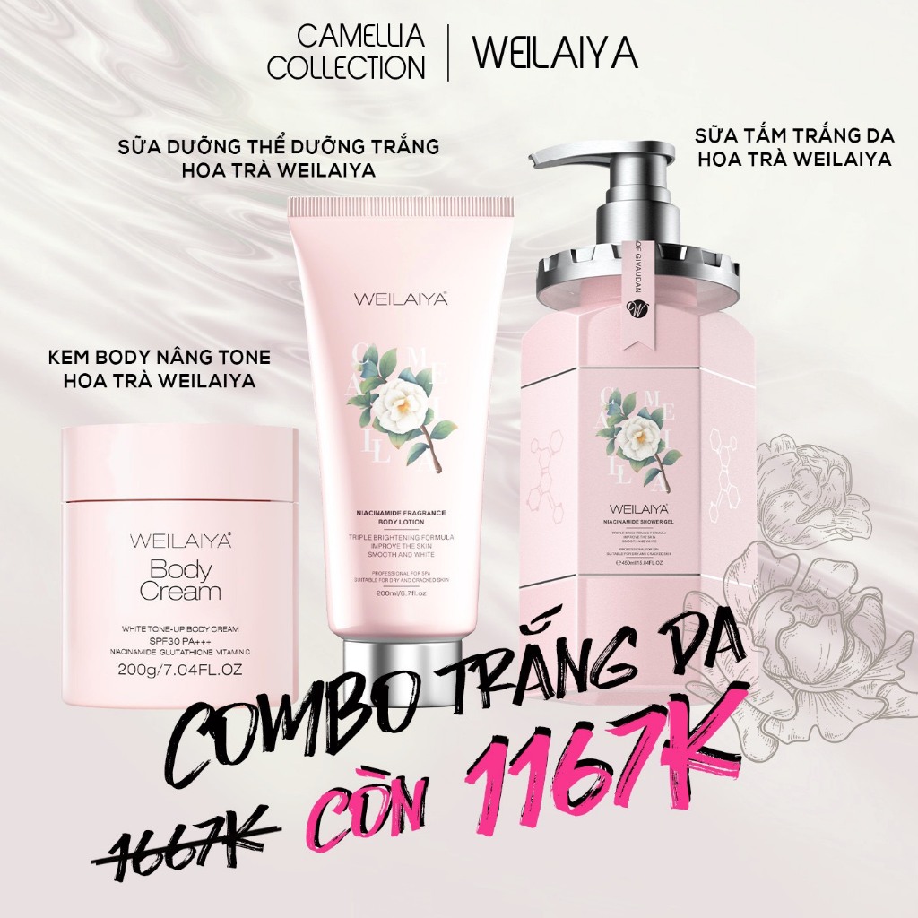 Combo Sữa tắm trắng da Niacinamide Weilaiya, kem body, Lotion dưỡng thể trắng da body hoa trà