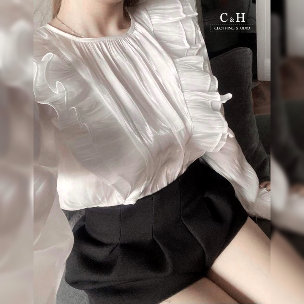 Áo sơ mi Tơ Óng bánh bèo Tiểu Thư tay phồng cổ viền bèo Điệu đà Sang chảnh CH0085 Có kèm ảnh thật trải sàn