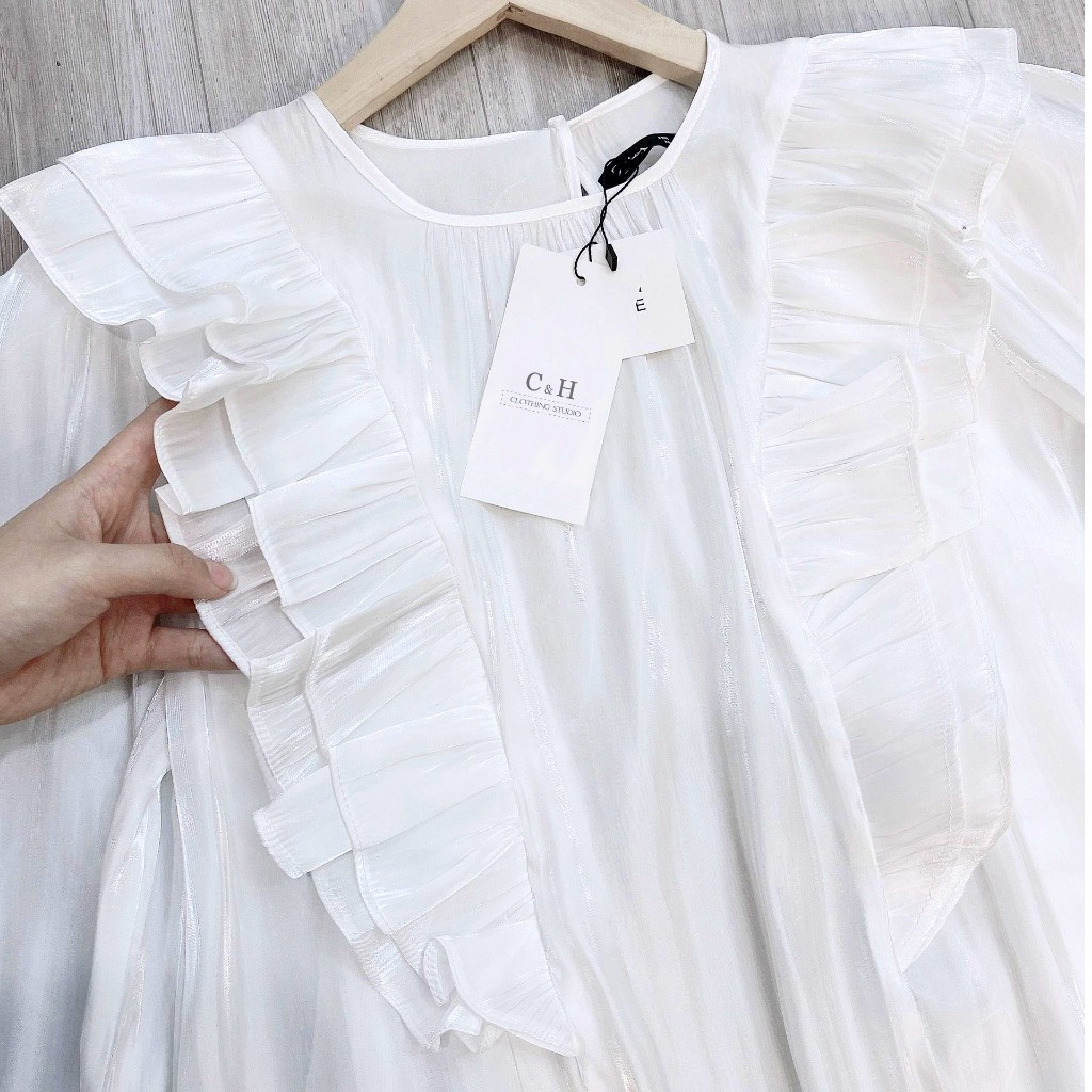 Áo sơ mi Tơ Óng bánh bèo Tiểu Thư tay phồng cổ viền bèo Điệu đà Sang chảnh CH0085 Có kèm ảnh thật trải sàn