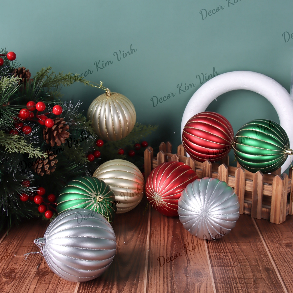 Set 2 Quả Châu Sọc Dưa 10cm E77 Trang Trí Cây Thông Giáng Sinh Merry Christmas Phụ Kiện Treo Trang T