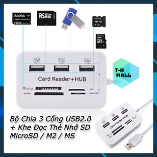 Đầu hub chia 3 cổng USB 2.0 có cổng đọc thẻ nhớ TF SD M2 MS Sony Pro Duo cho Điện Thoại iOS Type C Laptop PC