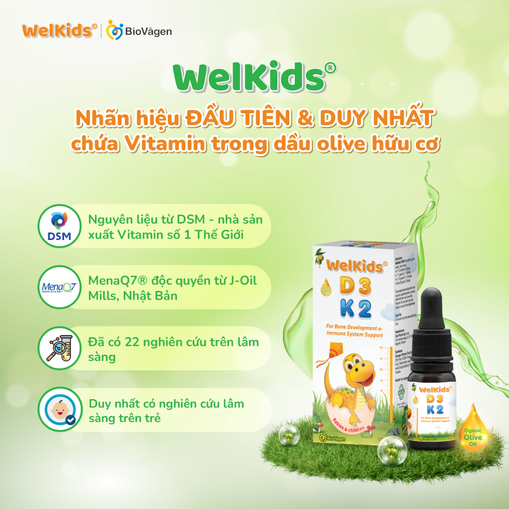 Combo cao khỏe tối ưu gồm 1 lọ vitamin D3K2 Welkids 10ml phát triển chiều cao + 1 lọ men vi sinh Biogaia Protectis Drops