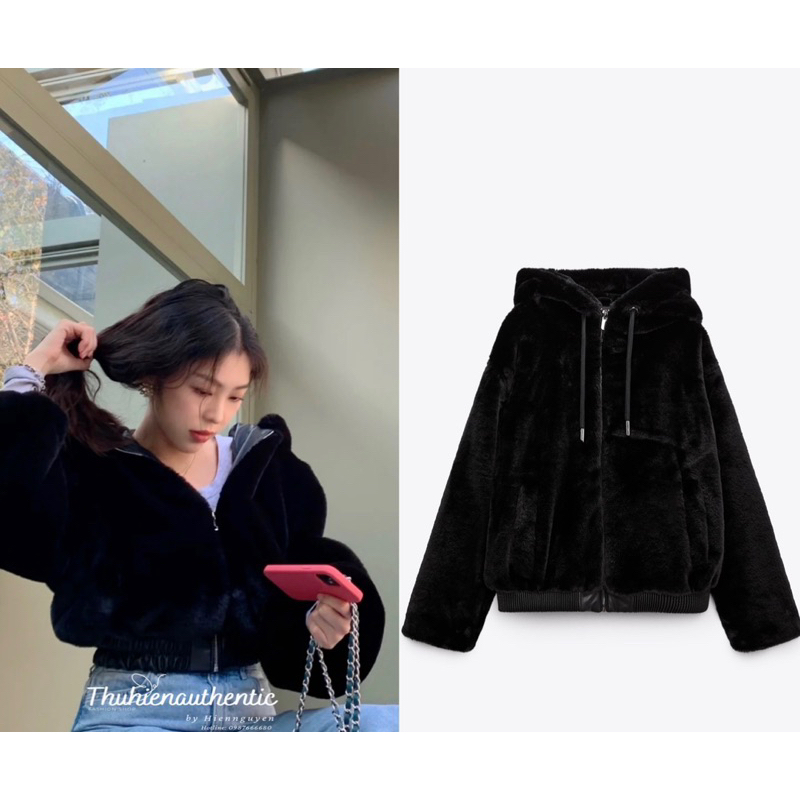 Áo khoác lông cừu mượt màu đen thuần có mũ mã code: 6318/228/800 ZARA chính hãng(kèm ảnh thật)