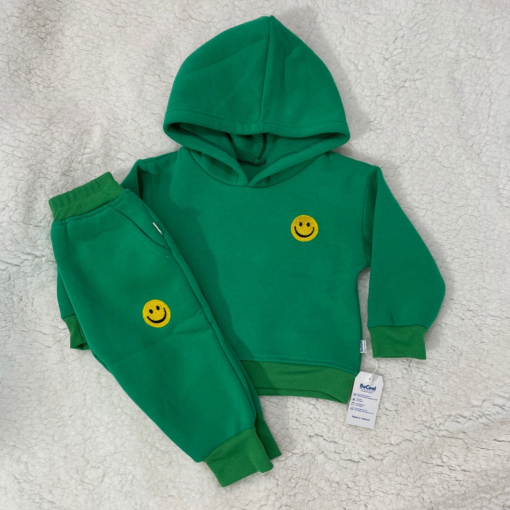 Bộ nỉ bông bé trai bé gái, bộ thu đông cho bé thêu MẶT CƯỜI có MŨ,nỉ bông XỊN không xù, đường may đẹp- HADU KIDS 11-27kg