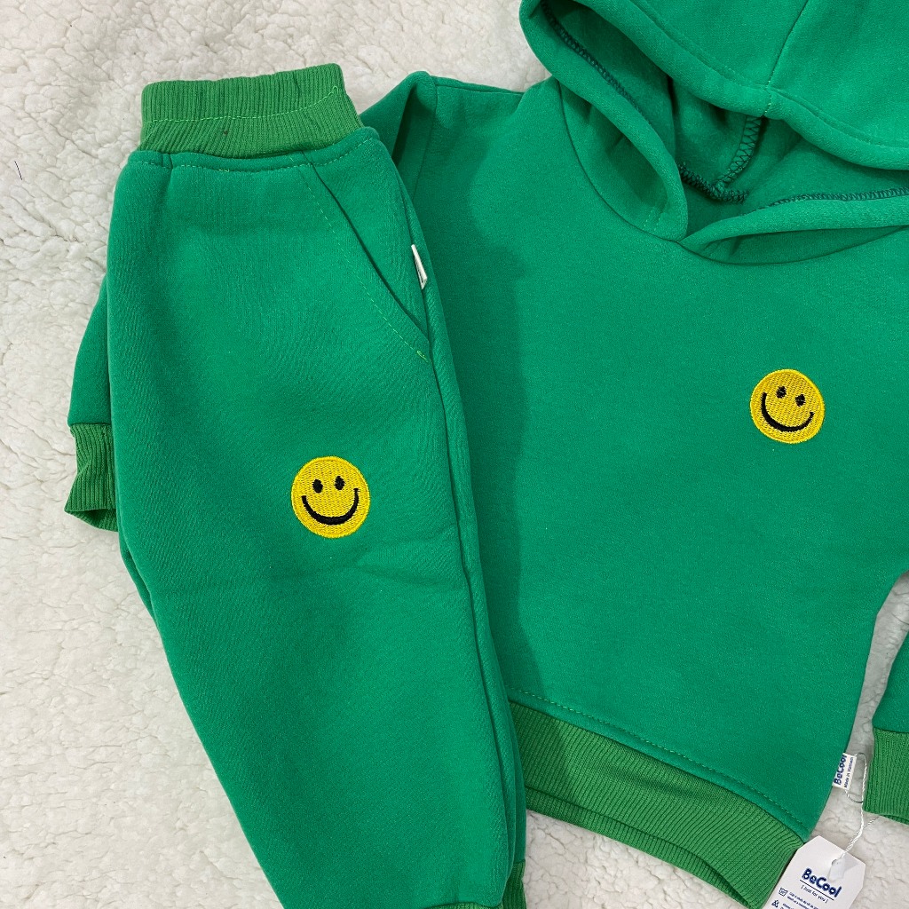 Bộ nỉ bông bé trai bé gái, bộ thu đông cho bé thêu MẶT CƯỜI có MŨ,nỉ bông XỊN không xù, đường may đẹp- HADU KIDS 11-27kg