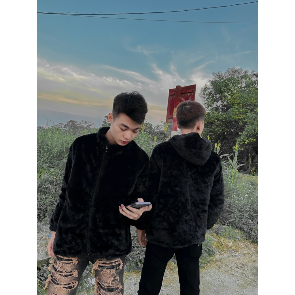 Áo khoác nam nữ lông đen có mũ và không có mũ 2 lớp