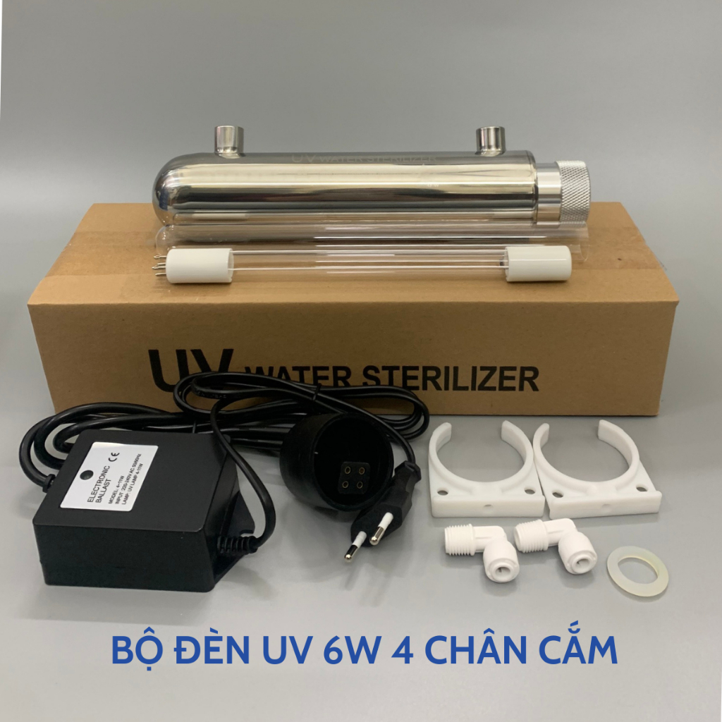 Bộ Đèn UV Gồm Đèn 6W 4 Chân Cắm, Vỏ Đèn, Nguồn Đèn, Cút Nối, Gioăng, Kẹp Dành Cho Máy Lọc Nước RO Karofi, Kangaroo...