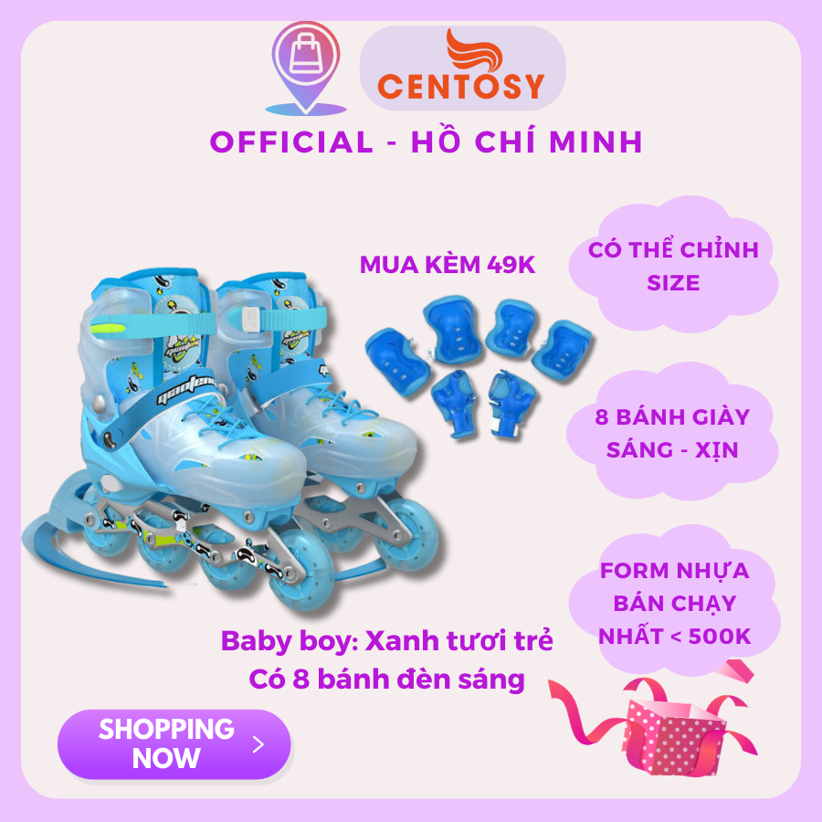 Giày Trượt Patin Trẻ Em Centosy Baby Có 8 Bánh Đèn Sáng, Giày Patin Trẻ Ẻm Form Nhựa Giá Rẻ, Tăng 3 Size Cho Bé Sử Dụng