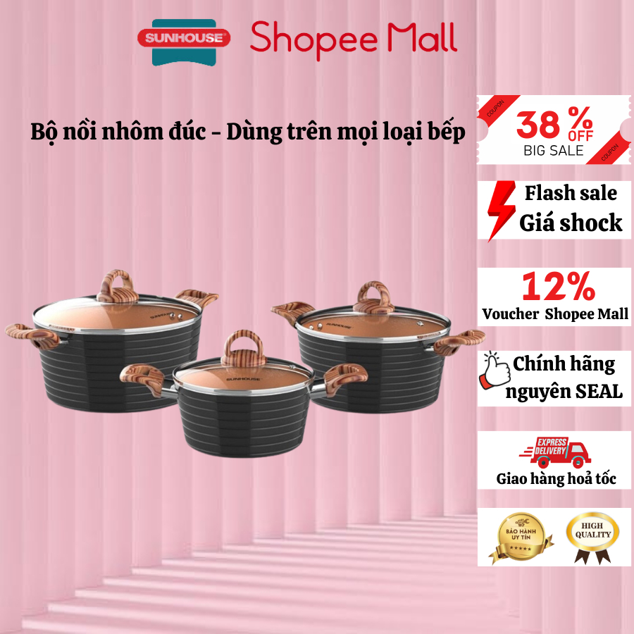Bộ 3 nồi Ceramic đáy từ Sunhouse SHG2003MCA với 3 size 18/20/24cm dùng trên mọi loại bếp