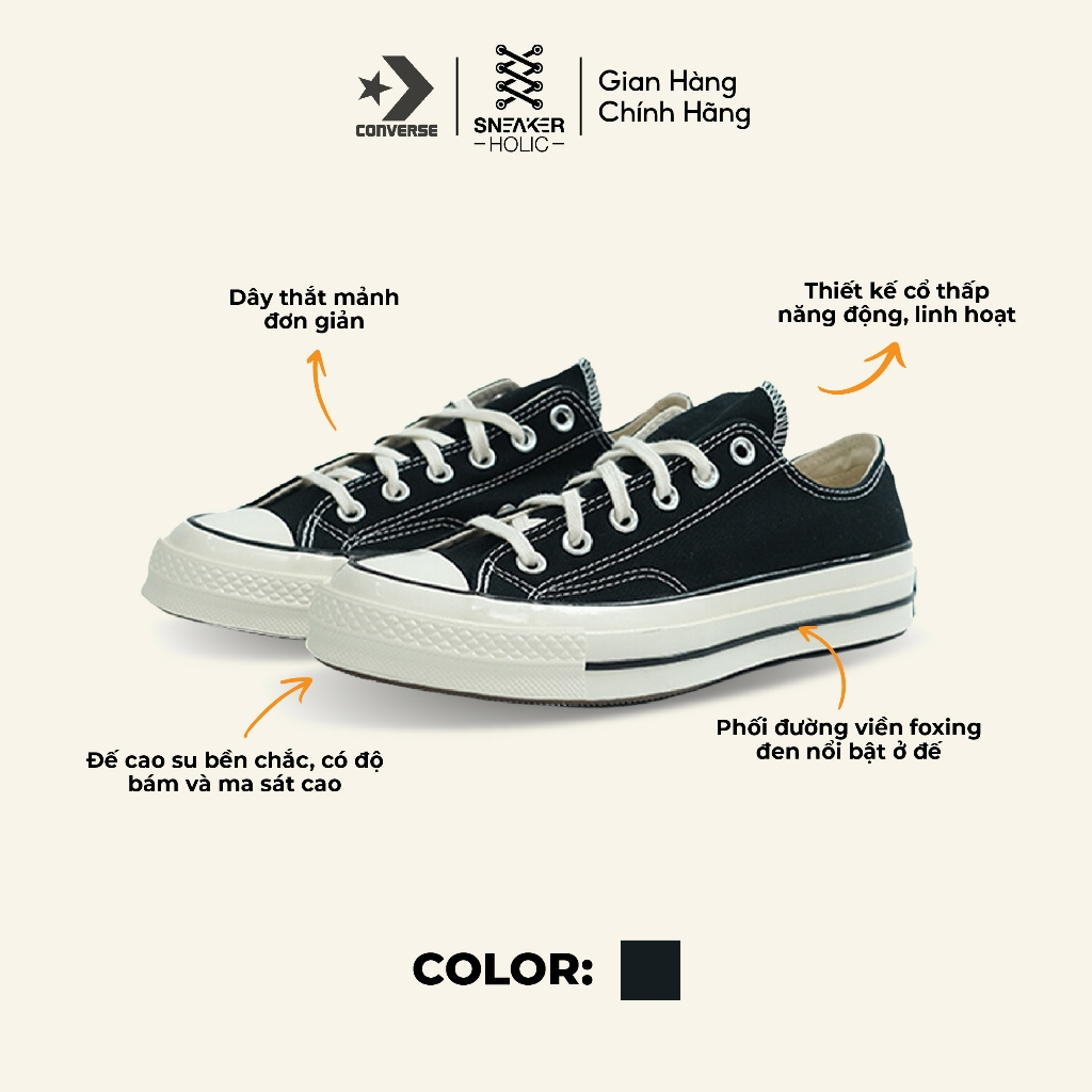 Giày Sneaker Nam Nữ CONVERSE Chuck 1970s Low Black - 162058C - Cổ Thấp Đen, Thời Trang Unisex, Chính Hãng Full Box