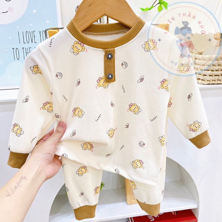 Bộ dài tay thu đông thun tăm họa tiết gấu dành cho bé trai, bé gái từ 6-14 kg