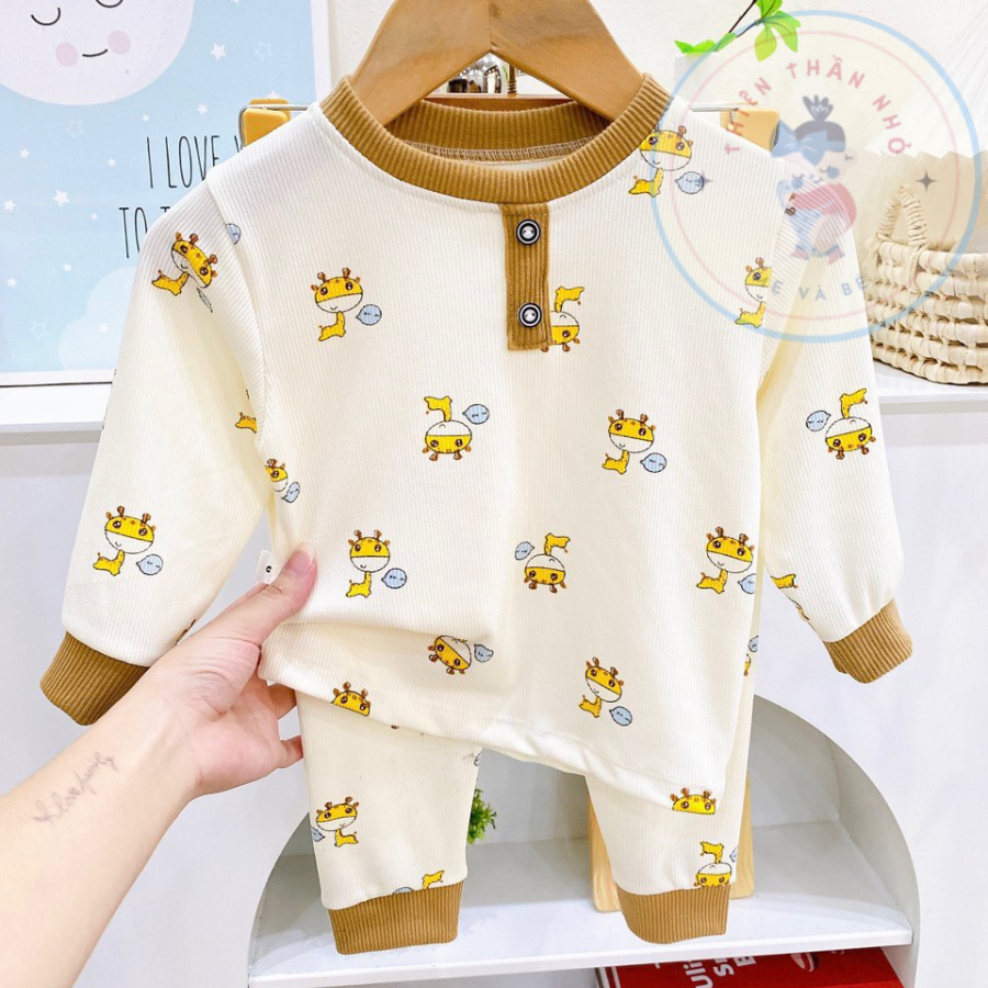 Bộ dài tay thu đông thun tăm họa tiết gấu dành cho bé trai, bé gái từ 6-14 kg