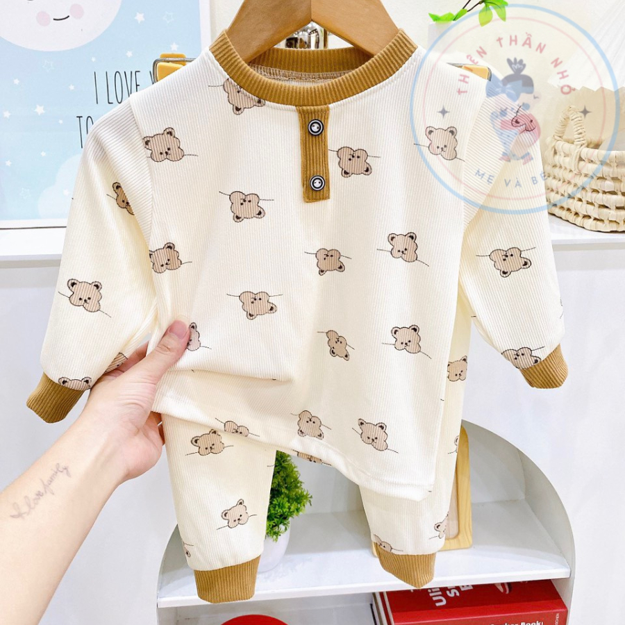 Bộ dài tay thu đông thun tăm họa tiết gấu dành cho bé trai, bé gái từ 6-14 kg