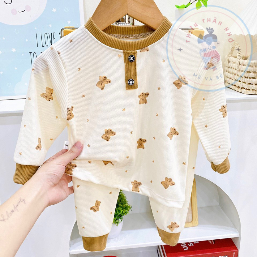 Bộ dài tay thu đông thun tăm họa tiết gấu dành cho bé trai, bé gái từ 6-14 kg