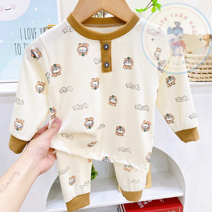 Bộ dài tay thu đông thun tăm họa tiết gấu dành cho bé trai, bé gái từ 6-14 kg