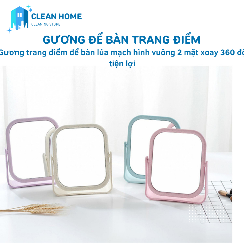Gương trang điểm để bàn lúa mạch phong cách hàn quốc, 2 mặt gương xoay 360 độ