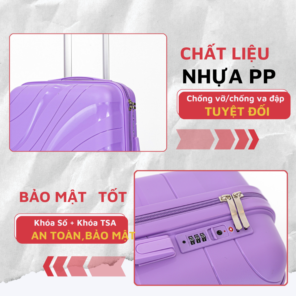 Vali Du Lịch Nhựa PP02 Cao Cấp, Vali Kéo Chống Va Đập Size 28, Bảo Hành 5 Năm