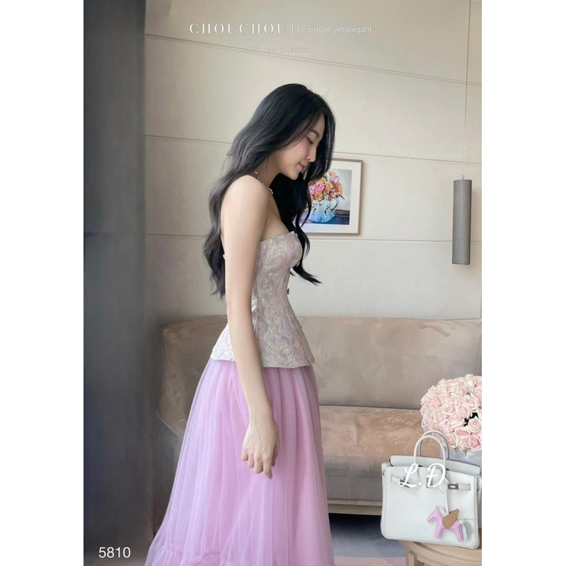 Sét đầm dài tiểu thư mặc đi tiệc áo gấm chân váy xoè dài