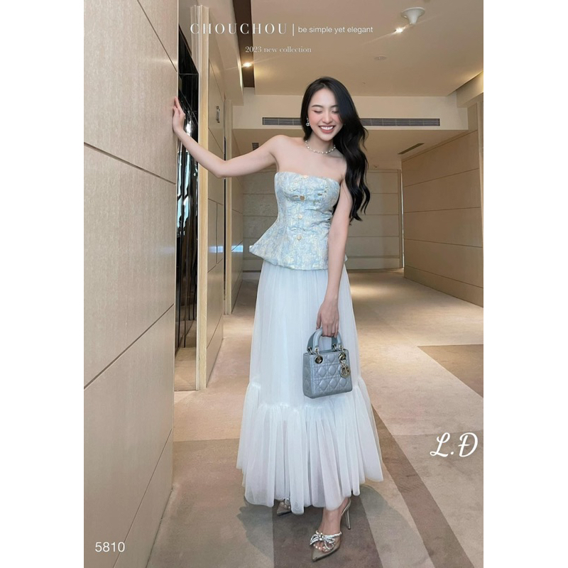 Sét đầm dài tiểu thư mặc đi tiệc áo gấm chân váy xoè dài