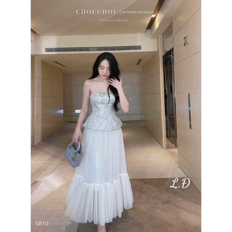 Sét đầm dài tiểu thư mặc đi tiệc áo gấm chân váy xoè dài