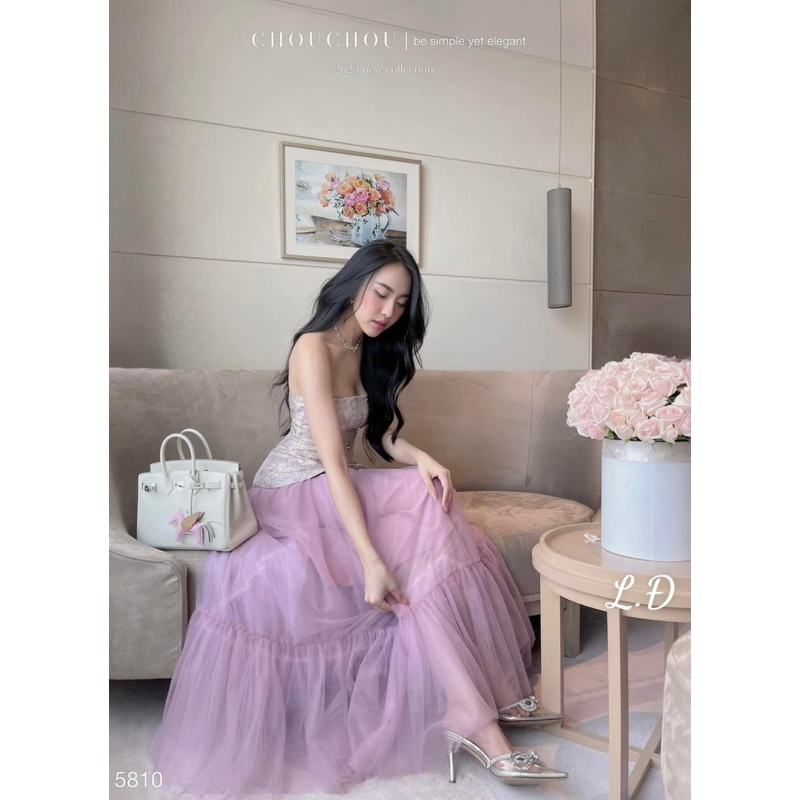 Sét đầm dài tiểu thư mặc đi tiệc áo gấm chân váy xoè dài