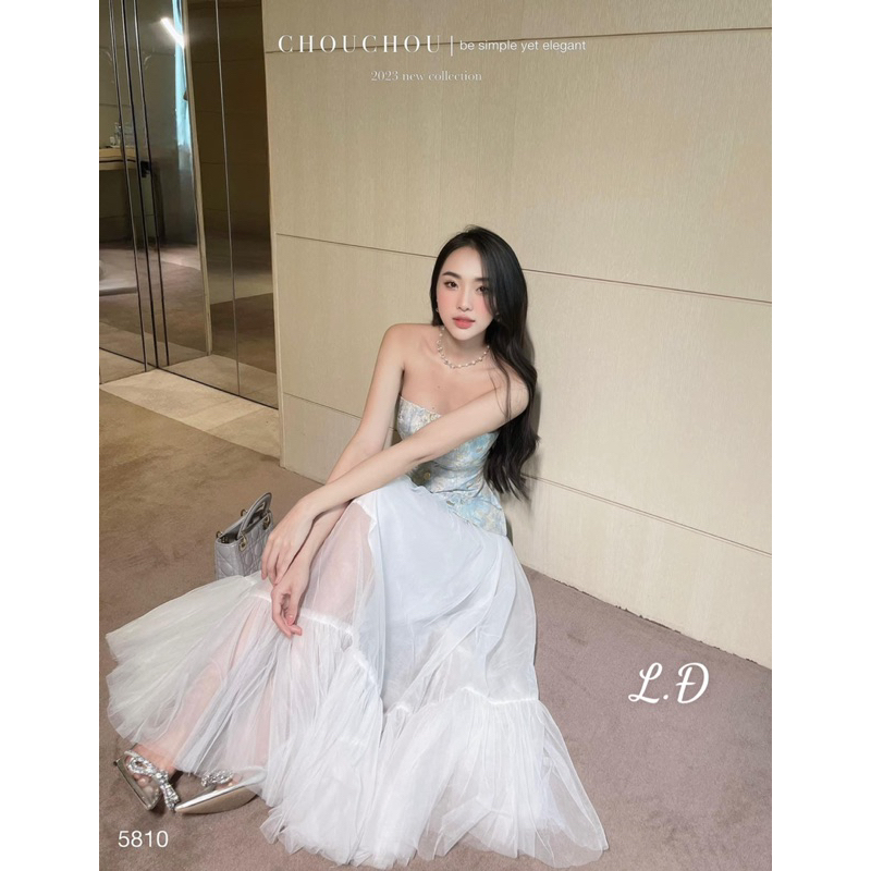 Sét đầm dài tiểu thư mặc đi tiệc áo gấm chân váy xoè dài