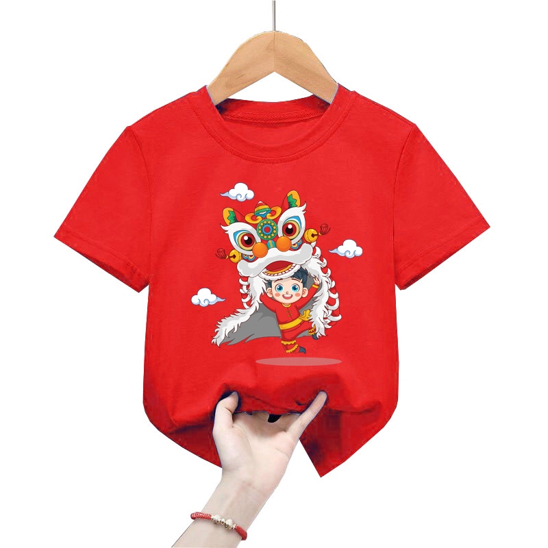 Áo thun tết hình bé trai và đầu lân áo cho bé từ 6kg-30kg.AT05.