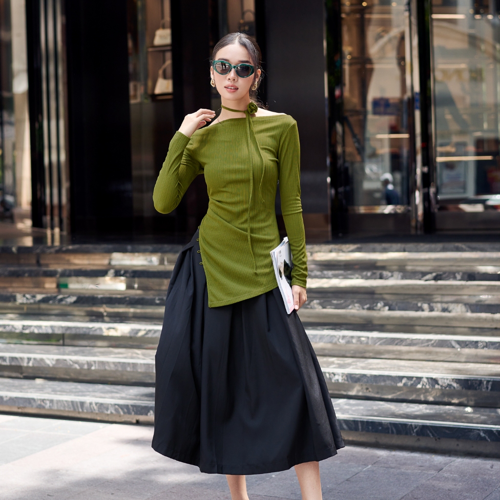 Áo kiểu thun sọc xẻ tà lệch Maybi