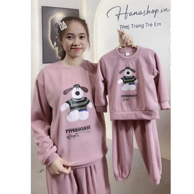 Bộ dài tay mẹ và bé chất liệu tăm nhung, đồ đôi mẹ và bé thu đông