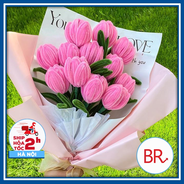 Set nguyên liệu làm bó hoa Tulip 15 bông bằng kẽm nhung Tặng kèm Thiệp + Đèn, Bộ phụ kiện DIY làm hoa quà tặng sinh nhật